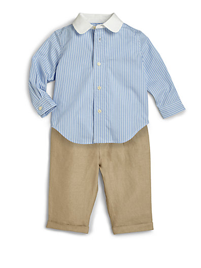 Ralph Lauren Infant's Two-Piece Striped Poplin Shirt & Tweed Pants Set in Blue Khaki