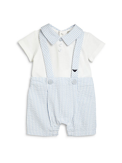 Armani Junior Infant's Layered-Look Seersucker Overalls & Bodysuit Shortall in Blue and White