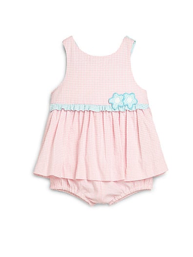 Florence Eiseman Infant's Seersucker Romper in Pink and White (with flower detail)