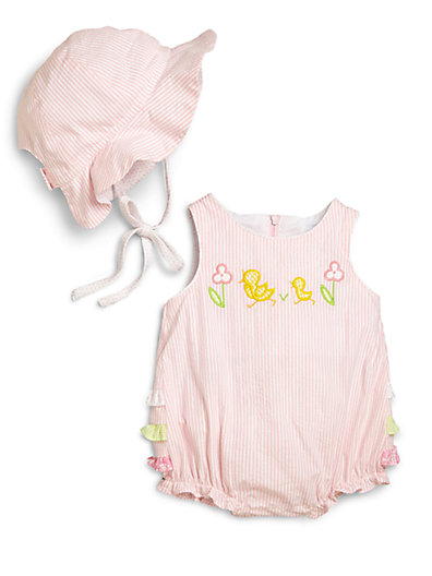 Florence Eiseman Infant's Two-Piece Seersucker Romper & Hat Set in Pink and White