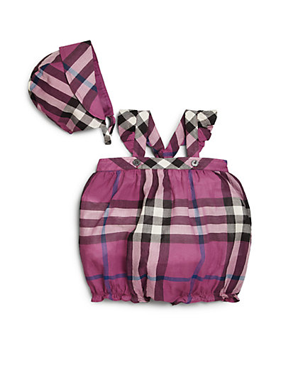 Burberry Infant's Two-Piece Pippion Check Bubble Romper & Bonnet Set in Magenta Pink