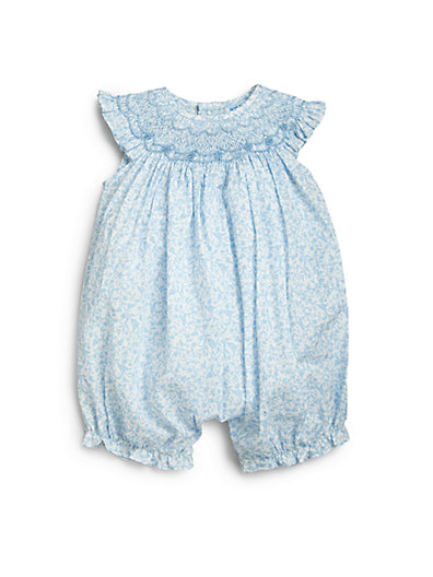 Luli and Me Infant's Floral-Printed & Smocked Bubble Shortall in Blue