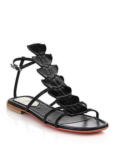 Fendi Ava Crocodile & Leather Flat Sandals in Black