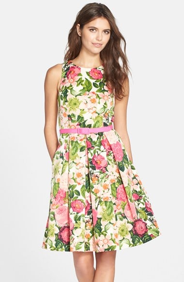 Eliza J Floral Print Belted Print Faille Fit & Flare Dress (Regular & Petite)