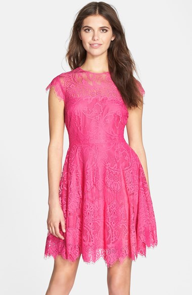 BB Dakota 'Rhianna' Illusion Yoke Lace Fit & Flare Dress in Fuchsia and Rose