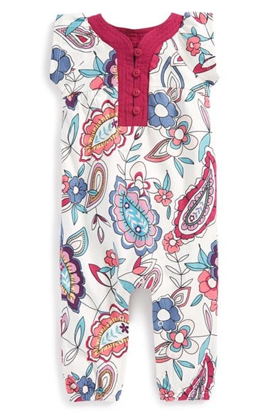 Tea Collection 'Aarini' Flutter Sleeve Floral Print Romper (Baby Girls)