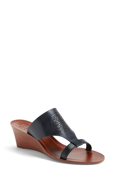 Tory Burch Logo Wedge Leather Sandal (Women)in Tory Navy/Black
