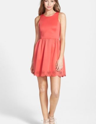 Frenchi Laser Cut Skater Dress in Pink Shell