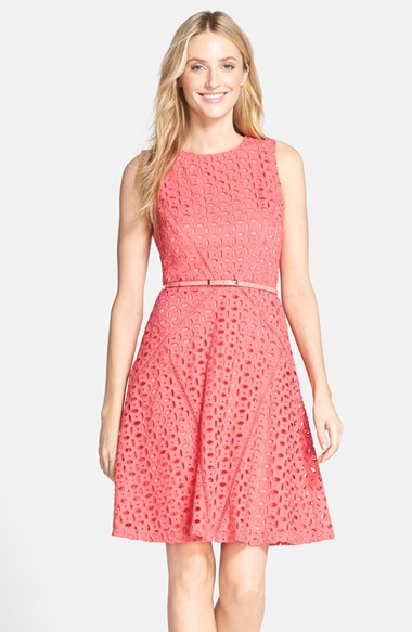 Ellen Tracy Belted Cotton Eyelet Fit & Flare Dress in Salmon