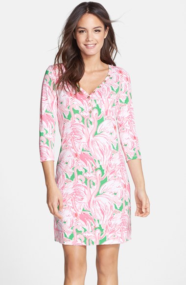 Lilly Pulitzer® 'Palmetto' Flamingo Print Pima Cotton Shift Dress in Prep Green Pink Colony