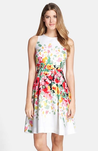 Donna Morgan Floral Print Twill Fit & Flare Dress in Pink Multi