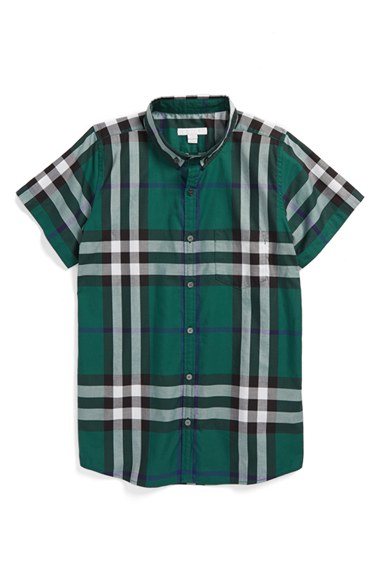 Burberry Check Woven Short Sleeve Cotton Shirt (Baby Boys) in Dark Pigment Green
