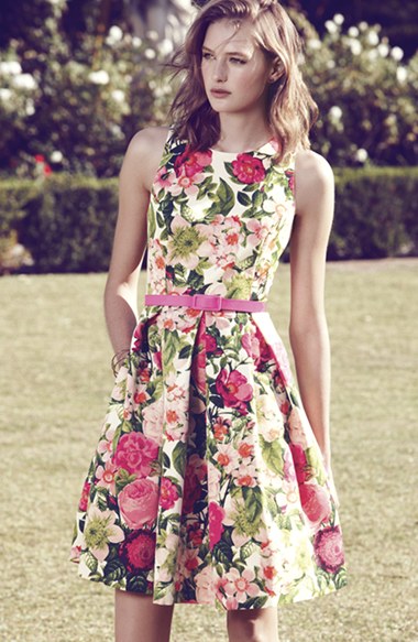 Eliza J Belted Floral Print Faille Fit & Flare Dress (Regular & Petite)