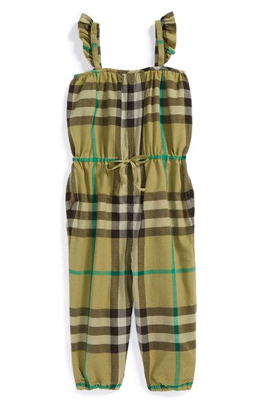 Burberry Check Print Romper (Toddler Girls) in Pale Khaki Green