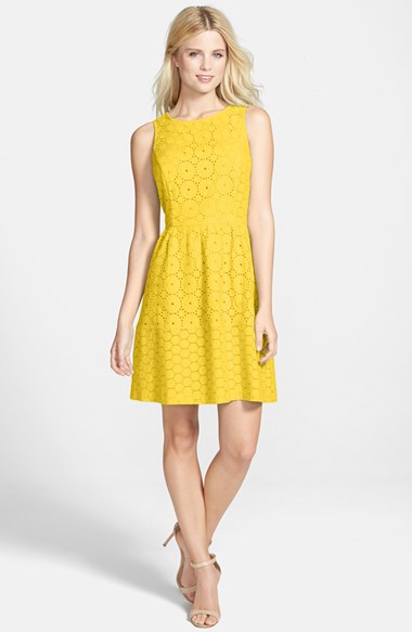 kensie Sleeveless Eyelet Cotton Fit & Flare Dress in Sunray Yellow