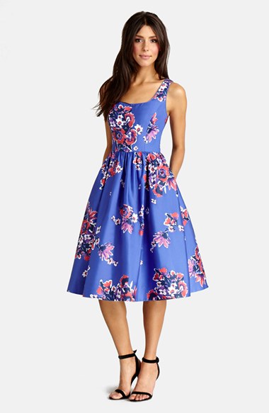 Donna Morgan Print Cotton Floral Print Midi Dress in Purple Multi