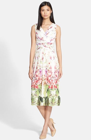 Ted Baker London 'Risha Mirrored Tropics' Floral Print Pleated Dress in Ivory
