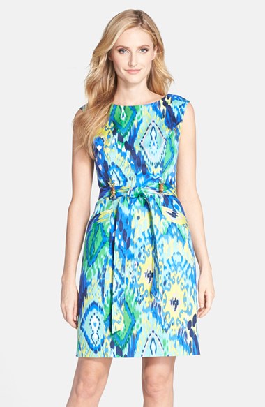 Ellen Tracy Print Belted Sheath Dress in Blue and Yellow