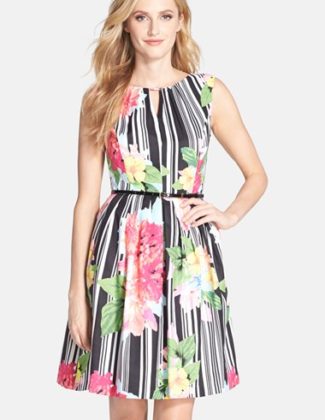Ellen Tracy Belted Floral Print Cotton Fit & Flare Dress in Black, Pink Multi