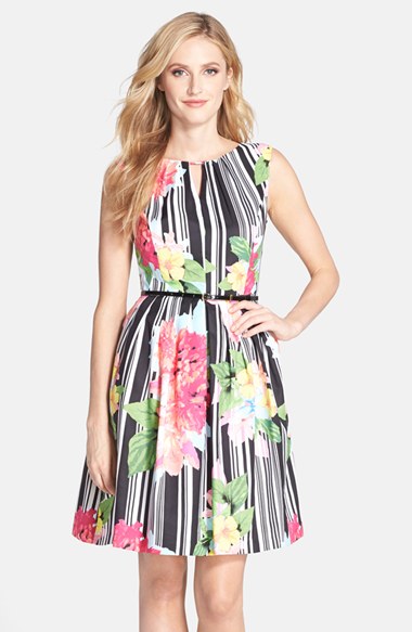 Ellen Tracy Belted Floral Print Cotton Fit & Flare Dress in Black, Pink Multi