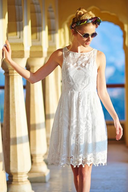 Maeve Pina Lace Fit and Flare Dress in White 