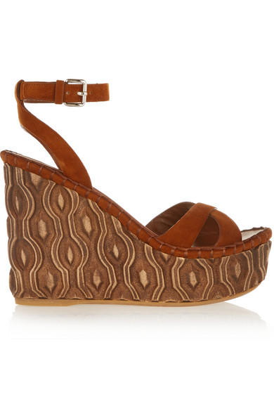 MIU MIU Suede wedge carved wooden sandals in brown