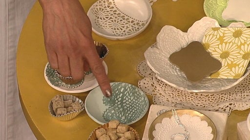 Here's a closeup of the gorgeous lace imprint bowls that chef Carla Hall, Daphne Oz, Clinton Kelly, and chefs Michael Symon and Mario Batali made during Carla's Craft Corner on the Freaky Friday (Friday, March 13, 2015) episode of "The Chew"!