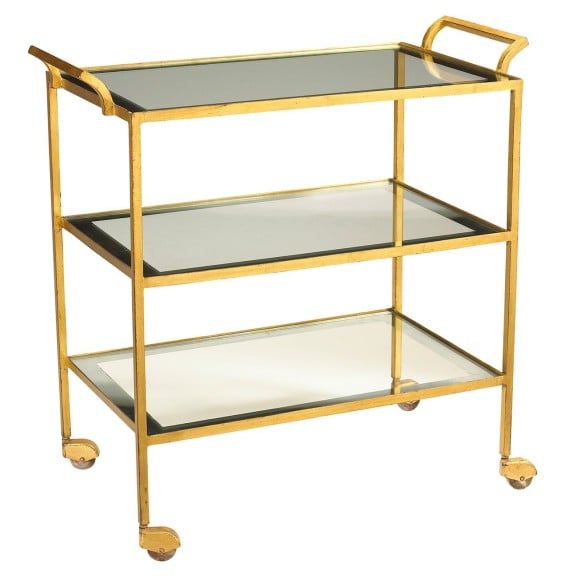 Milford Hollywood Regency Glass Gold Leaf Serving Bar Cart