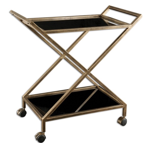 Uttermost 25013 Zafina, 32-Inch Bar Cart, Antique Gold Finish with Black Tempered Glass