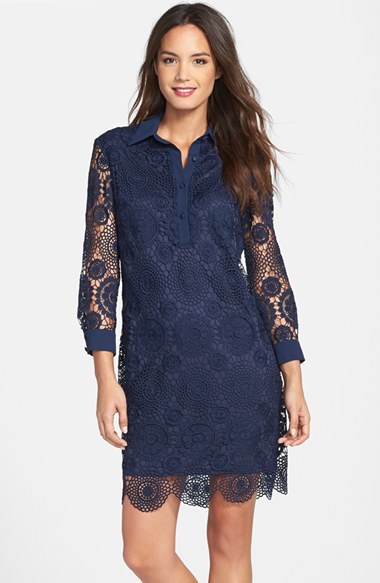 Taylor Dresses Crochet Shirtdress in Navy Blue