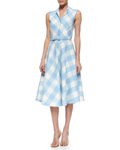 Oscar de la Renta Buffalo Check Button-Front Shirtdress in Wedgewood