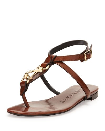 Burberry Buckle-Strap Leather Sandal in Tan 