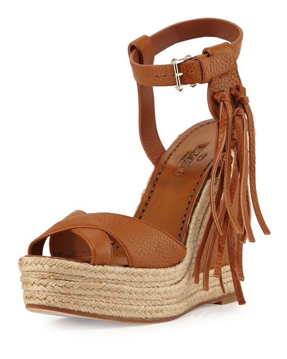 Valentino Leather Fringe Espadrille Wedge, Light Cuir
