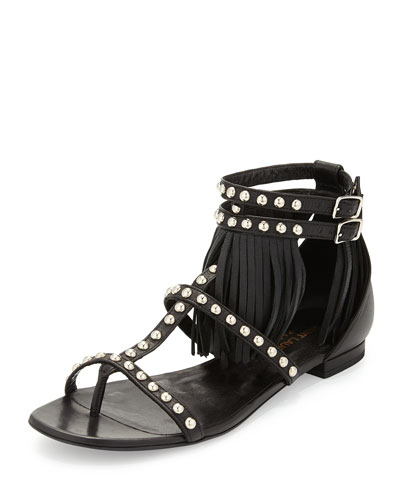 Saint Laurent Studded Leather Fringe Sandal Nero in Black