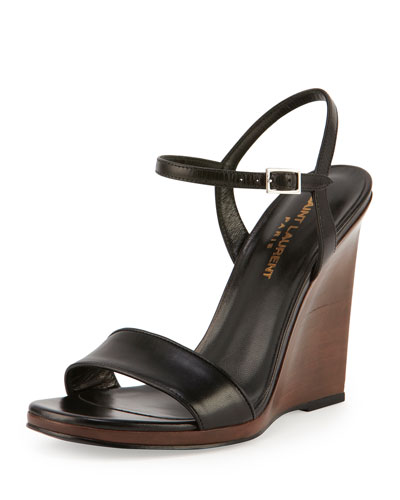 Saint Laurent Jane Wooden Wedge Sandal in Noir 