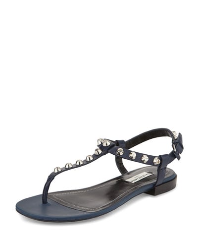Balenciaga Studded Leather T-Strap Sandal, Navy Blue