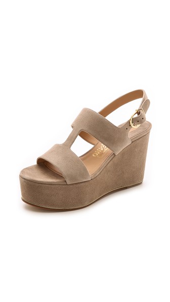 Salvatore Ferragamo Fiamma Wedge Sandals in Greige