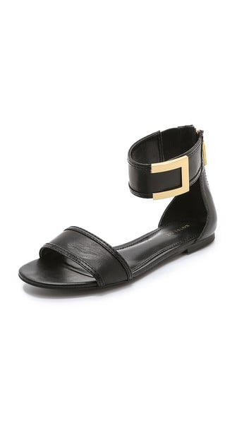 Rachel Zoe Gracie Bucked Flat Sandals in Black and Gold