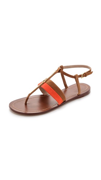 Tory Burch Bar Logo Flat Sandals in Poppy Coral/Natural Bark