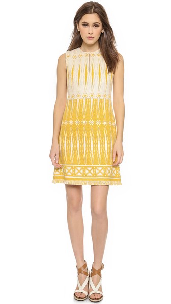 Tory Burch Geometric Pattern Savora Dress in Honey Mustard