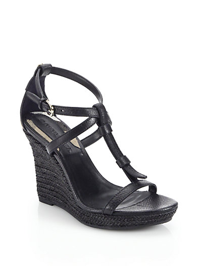 Burberry Wedland Leather Espadrille Wedge Sandals 0400086712576 in Black