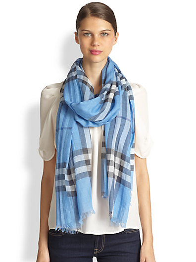 Burberry Giant Check Gauze Scarf in Light Blue