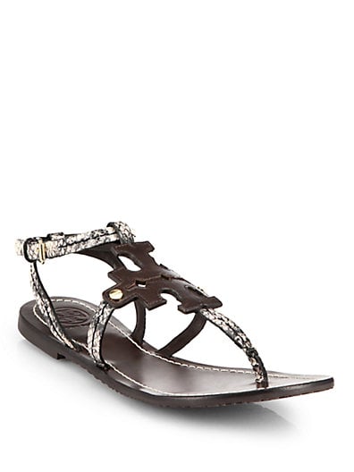 Tory Burch Phoebe Logo Snake-Embossed Leather Sandals in Black and White