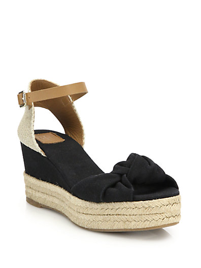 Tory Burch Knotted Canvas & Espadrille Wedge Sandals in Black
