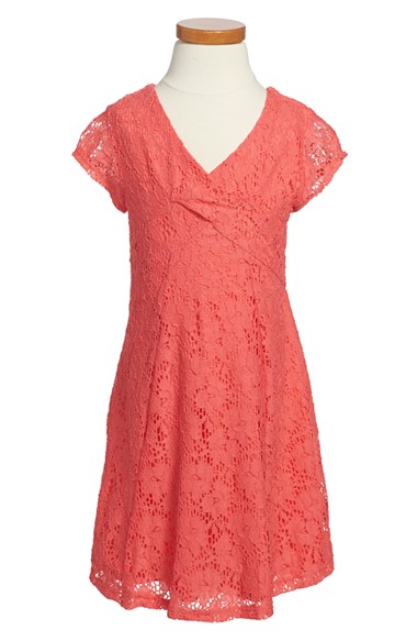 Jessica Simpson 'Kaitlee' Lace Cap Sleeve Skater Dress (Toddler Girls & Little Girls) in Calypso Coral