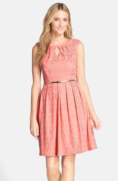 Ellen Tracy 'Gilded' Belted Knit Fit and Flare Dress in Coral