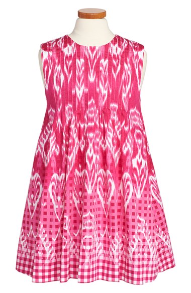 Oscar de la Renta Gingham & Ikat Print Sleeveless Dress (Little Girls & Big Girls) in Watermelon