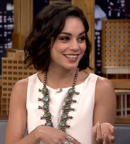 Actress and Broadway star Vanessa Hudgens looked fab in a white top, wavy bob and vintage turquoise squash blossom necklace while chatting with Jimmy Fallon about her roles in "Hunchback of Notre Dame" and "Gigi"
