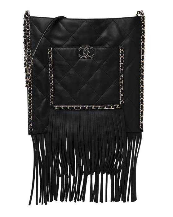 CHANEL Calfskin Quilted Fringe Shopping Bag Black best designer fringe handbags