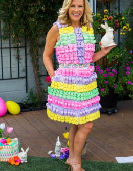 Home & Family's Kym Douglas made a fun dress out of Peeps with a belt made out of Jelly beans. The perfect Easter outfit! H&F Photo Credit: Copyright 2015 Crown Media Family Networks/Photographer: Jeremy Lee